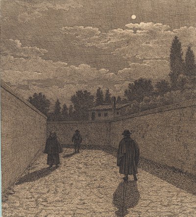 ضوء القمر على طريق به ثلاثة أرقام. رسم توضيحي لـ "المنظور الخطي" ، اللوحة الرابعة بواسطة كريستوفر فيلهلم إكرسبيرج