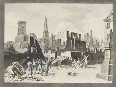 ساحة Ulfeldt ، تسمى الآن Gråbrødertorv ، بعد القصف البريطاني في سبتمبر 1807 بواسطة كريستوفر فيلهلم إكرسبيرج