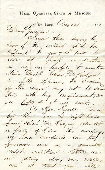 وقعت الرسالة CC Bailey ، المقر الرئيسي ، ولاية ميسوري ، سانت لويس ، إلى الحاكم [Hamilton R. Gamble] ، 12 أغسطس ، 1863 بواسطة CC بيلي