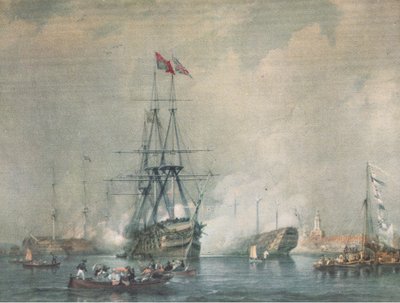 HMS Victory يطلق تحية ملكية في ميناء بورتسموث ، من المغامرة البريطانية التي نشرها كولينز ، 1947 بواسطة CJM Whatello