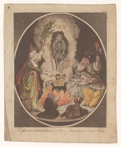 كارتون على سلام أميان ، 1802 فانتازماغوريا. - المشهد - استحضار هيكل عظمي مسلح (العنوان على الكائن) بواسطة جيمس جيلراي