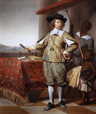 الهولندية: بورتريه لولبرانت جيلينسن دي يونغ (1594-1674) بورتريه لولبراند جيلينسن دي يونغ (1594-1674)، مع خادم وطفل بواسطة قيصر فان إفردينجين