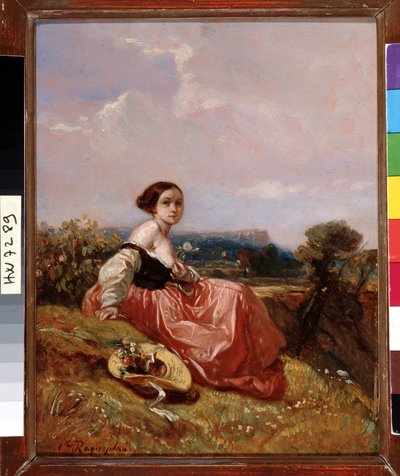 فتاة صغيرة ترتدي القبعة أمام جبل سانت فيكتوار، لوحة لكاميل روكيبلان (1803-1855) ديم. 18 × 23 سم إشارة إلزامية: مجموعة التحيات التأسيسية لبروفانس، مرسيليا بواسطة كميل جوزيف إتيان روكيبلان