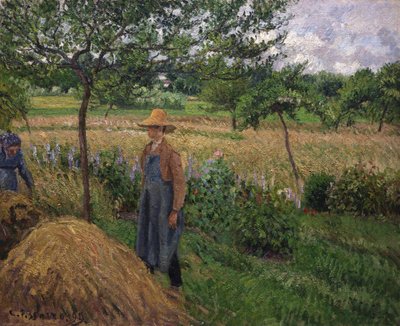 بستاني يقف بجانب كومة قش ، السماء الملبدة بالغيوم ، إيراغني ، 1899. بواسطة كميل بيسارو
