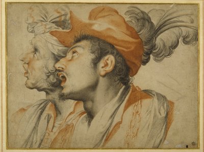 بشاعة لرجلين يرتديان ملابس عصرية يغنيان (طباشير سوداء وحمراء على ورق أبيض) بواسطة Camillo Procaccini