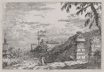 منظر طبيعي ببرج وعمودين مهدمين ، من سلسلة Vedute (مشاهد) بواسطة كاناليتو (قناة جيوفاني أنطونيو)