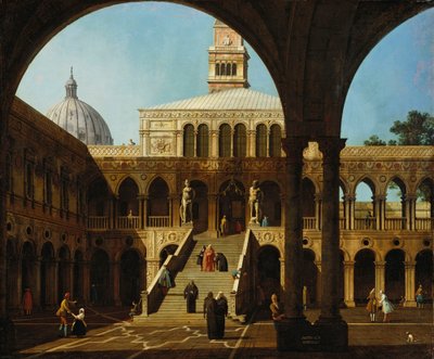 كاناليتو - منظر كابريتشيو لفناء قصر الدوقية مع لوحة "سكالا دي جيجانتي" موقعة ومؤرخة في عام 1744 بواسطة كاناليتو