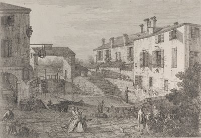 لو بورت ديل دولو: الحوض البيضاوي للأقفال في دولو ، مع بارجة راسية على الرصيف ... ، 1735-46. بواسطة كاناليتو