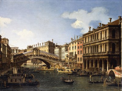 جسر ريالتو ، البندقية ، من الجنوب مع صعود أمير ساكسونيا خلال زيارته عام 1740 ، بواسطة قناة جيوفاني أنطونيو (كاناليتو)