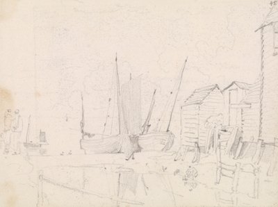 رسم تخطيطي للمراكب الشراعية المطلة على الشاطئ وأكواخ طوالة ، هاستينغز بواسطة نقيب. توماس هاستينغز