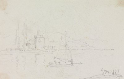رسم تخطيطي لقارب شراعي ومبنى على الشاطئ بواسطة Capt. Thomas Hastings