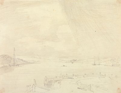رسم تخطيطي لمنظر طبيعي على شاطئ البحر مع رصيف في المقدمة ، جزيرة وايت بواسطة نقيب. توماس هاستينغز