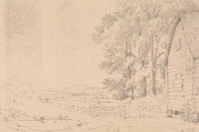 رسم تخطيطي لمبنى بسقف من القش ونهر خلفه بواسطة Capt. Thomas Hastings