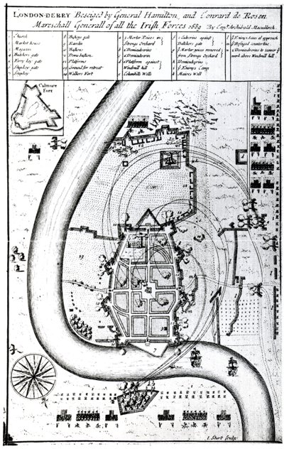 Londonderry Beseiged من قبل الجنرال هاميلتون وكونراد دي روزين ، نقش بواسطة J. Sturt ، 1689 بواسطة الكابتن ارشيبالد ماكولوش