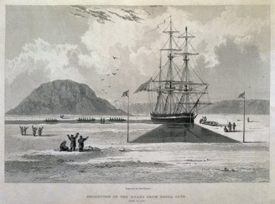 مغادرة القوارب من هيكلا كوف ، 21 يونيو 1827 ، من مجلة رحلة ثالثة لاكتشاف ممر شمالي غربي من المحيط الأطلسي إلى المحيط الهادئ تم إجراؤها في السنوات 1824-25 في HMs بواسطة الكابتن جورج فرانسيس ليون