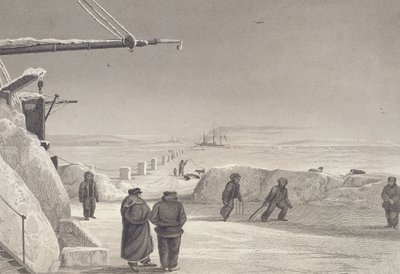 حالة سفن جلالة الملكة فيوري أوند هيكلا في إيغوليك ، 1822-23 ، من "مجلة رحلة ثانية لاكتشاف ممر شمالي غربي من المحيط الأطلسي إلى المحيط الهادئ تم إجراؤها في السنوات 1821-22-23" بواسطة الكابتن جورج فرانسيس ليون