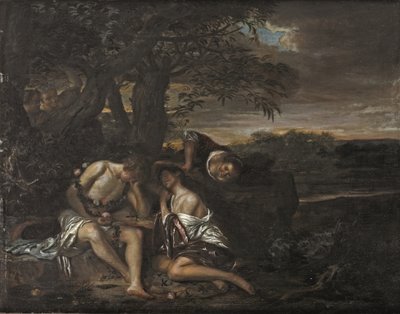 زوجان نائمان ، اكتشفتهما ثلاث نساء في منظر طبيعي أركادي (زيت على لوح) بواسطة كاريل دي مور الثاني (Attr. to)