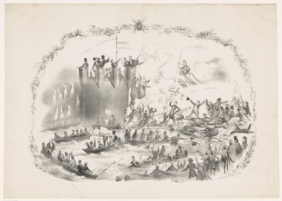 كارتون من خطط Thorbecke لإغلاق Utrechtse Hogeschool ، 1863 معركة بين عنصرين قويين (العنوان على الكائن) بواسطة مجهول