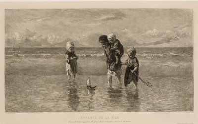 أربعة أطفال يلعبون بقارب لعبة على الشاطئ في مياه البحر الضحلة أطفال البحر Enfants de la Mer (العنوان على الكائن) بواسطة فرانس بوفا أون زونين