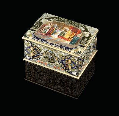 صندوق طاولة به خرطوش ملون يصور القيصر أليكسي ميخائيلوفيتش وهو يختار العروس ، ج. 1908-1917 بواسطة كارل فابيرج