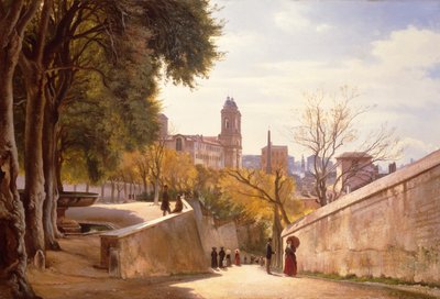 منظر لـ Viale Trinità dei Monti مع نافورة Villa Medici ، يُرى من Via di San Sebastianello ، روما بواسطة كارل فريدريك أجارد