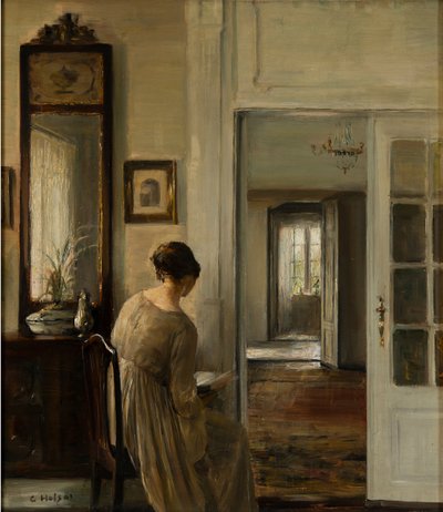 محاضرة. La femme du peintre - القراءة. زوجة الرسام - كارل هولسو (1863-1935). زيت على قماش - الأبعاد: ٥٨ × ٥٢ سم مجموعة خاصة بواسطة كارل هولسو