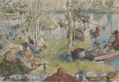 صيد جراد البحر - Crayfishing ، بقلم لارسون ، كارل (1853-1919). ألوان أكريل على ورق. الأبعاد: ٣٢ × ٤٣ سم. المتحف الوطني ستوكهولم بواسطة كارل لارسون