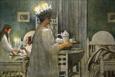 فتاة شابة تحمل شموع تاج على شعرها خلال يوم سانت لوسي ، رسم توضيحي عام 1916 بواسطة كارل لارسون
