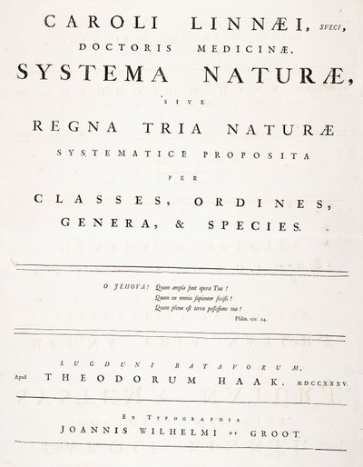 صفحة العنوان من "Systema naturae" بواسطة كارل لينيوس