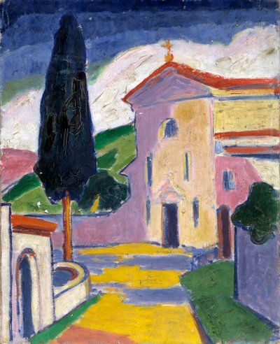 الكنيسة مع شجرة الأرز على اليسار ، قبل عام 1932. بواسطة كارل نيومان