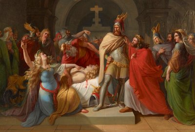 يعلن كريمهيلد في جسد سيغفريد أن هاغن هو قاتله ويقسم على الانتقام ، 1835. بواسطة كارل راهل