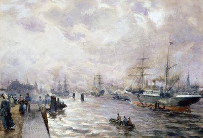 السفن الشراعية في ميناء هامبورغ ، 1889 (مرحاض وغواش على ورق) بواسطة Carl Rodeck