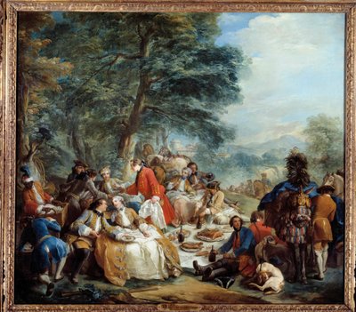 Hunting stop A picnic of nobles during a hunting game. Painting by Charles Andre Van Loo (1705-1765) 18th century Sun. 2,2x2,5 m. بواسطة كارل فان لو