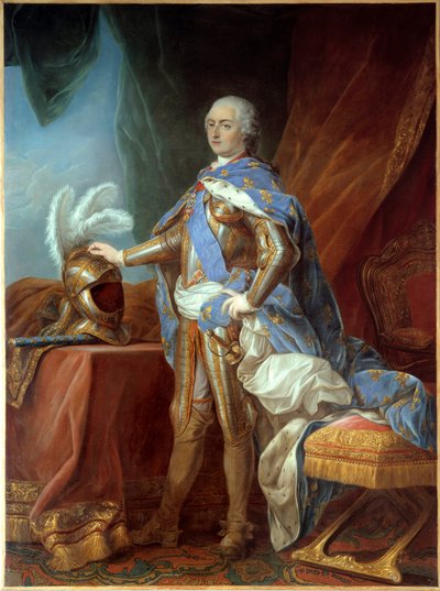 بورتريه في قدم لويس الخامس عشر (1710-1774) ، مرتديًا درعًا ، ويده موضوعة على دفة. لوحة لكارل فان لو (1705-1765) ، زيت على قماش (271 × 193 سم) بواسطة كارل فان لو