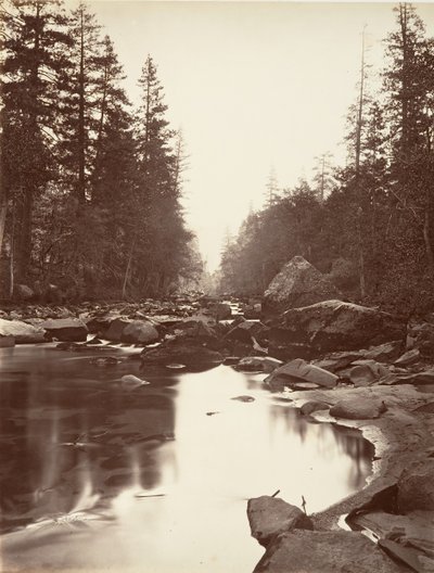 نهر ميرسيد ، يوسمايت ، كاليفورنيا. 1872 ، طبع كاليفورنيا. 1876. بواسطة كارلتون إي واتكينز.