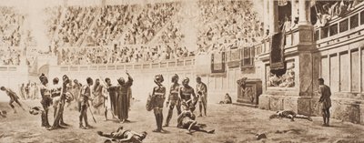الراهب Almachius يحاول إيقاف القتال Gladiatorial ، التوضيح من "مخطط التاريخ" بقلم HG Wells ، المجلد الثاني ، نشر في 1920 بواسطة Carlo Ademollo