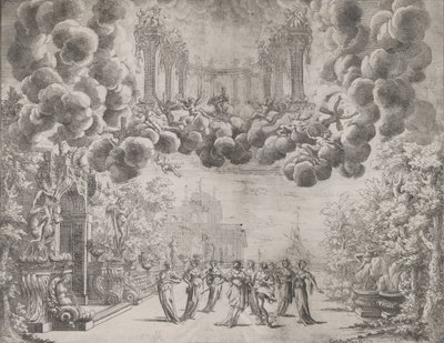 تصميم مسرحي بشخصيات مجازية ، من "فكرة جميع الكمال ... بياتشينز ... ، كاليفورنيا. 1690. بواسطة كارلو أنطونيو فورتي