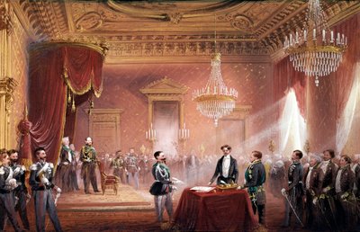 Risorgimento - وقع فيكتور عمانويل الثاني (فيكتور عمانويل) (فيتوريو إيمانويل) (1820-1878) على معاهدة ضم توسكانا التي قدمها بيتينو ريكاسولي (1809-1880) في 22 مارس بواسطة كارلو بوسولي