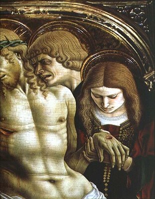رثاء المسيح الميت ، تفاصيل القديس يوحنا الإنجيلي ومريم المجدلية ، من Sant'Emidio polyptych بواسطة كارلو كريفيلي