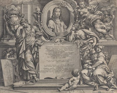 واجهة مع صورة بيضاوية لرافائيل ، مع ثلاث شخصيات استعادية للفنون سوب ... ، 1675. بواسطة كارلو ماراتي