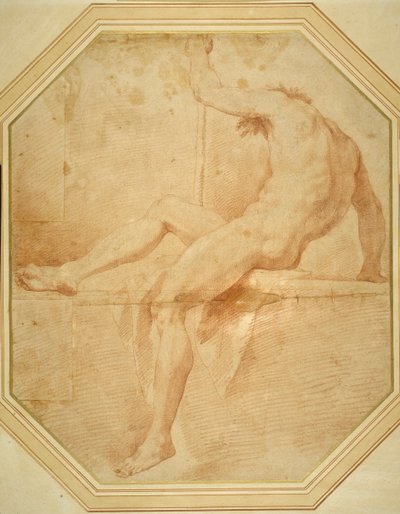 Nude seated and turning away, grasping a staff in his left hand (red chalk on white paper) بواسطة كارلو ماراتي
