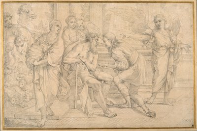 Tobias healing the blindness of Tobit with the gall of the fish (black chalk on paper) بواسطة كارلو ماراتي