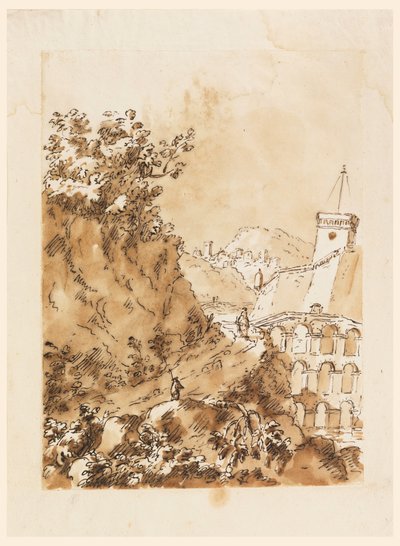 رسم، منظر طبيعي مع بلدة جبلية، 1760-80 بواسطة كارلو مارشوني