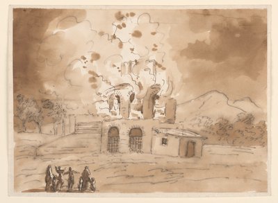 رسم، منظر طبيعي مع برج محترق، حوالي 1780 بواسطة كارلو مارشوني