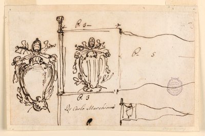 رسم، ثلاثة تخطيطات لمعيار البابا بنديكتوس الرابع عشر، 1740-1758 بواسطة كارلو مارشوني