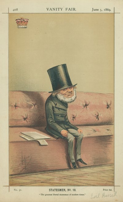 إيرل راسل ، أعظم رجال الدولة الليبراليين في العصر الحديث ، 5 يونيو 1869 ، فانيتي فير كارتون بواسطة كارلو بيليجريني