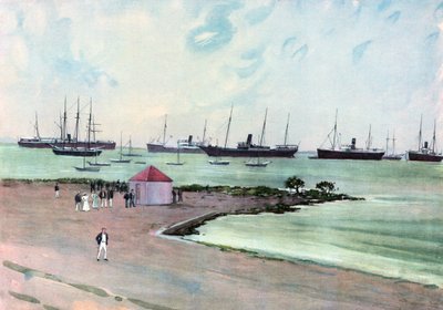 السفن الإسبانية التي تم الاستيلاء عليها في المرساة في ميناء مان أوف وار ، كي ويست. - منظر من Esplanade بالقرب من ثكنات جيش الولايات المتحدة بواسطة كارلتون ثيودور تشابمان