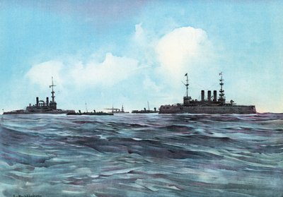 إنديانا ونيويورك يحيط بها ويحرسها زوارق وطرادات توربيدو بواسطة Carlton Theodore Chapman