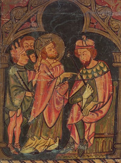 القديس سيبريان (حوالي 200-258) أسقف قرطاج أحضر أمام الإمبراطور فاليريان (حكم 253-60) 1300-25 بواسطة المدرسة الكاتالونية