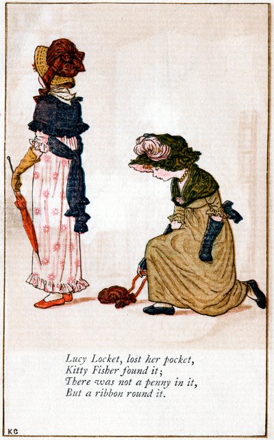 رسم توضيحي لـ "لوسي لوكيت ، فقدت حقيبتها" ، كيت غريناواي 1846-1901 بواسطة كاثرين غريناواي